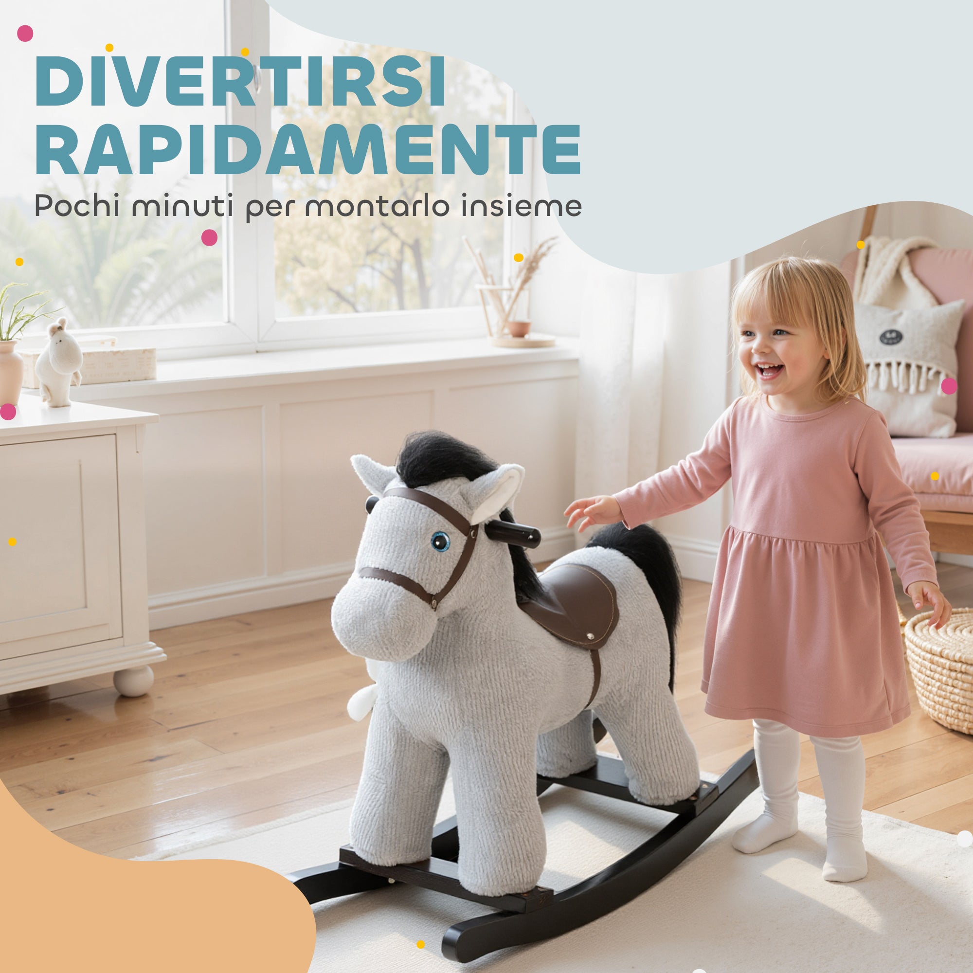 Cavallo a Dondolo con Suoni per Bambini da 2-5 Anni Coniglietto Incluso in Legno e Peluche Grigio