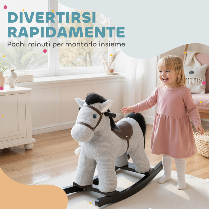 Cavallo a Dondolo con Suoni per Bambini da 2-5 Anni Coniglietto Incluso in Legno e Peluche Grigio
