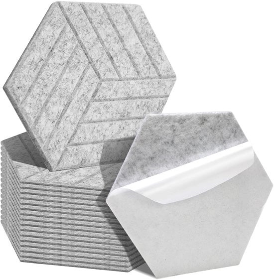 18 pezzi di pannelli acustici a forma di esagono con striscia, autoadesivi, pannello acustico, isolamento acustico, velluto, pannello per parete, colore chiaro grigio.