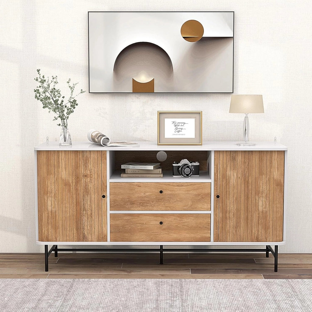 Credenza con ante scorrevoli, armadio a buffet con 2 cassetti e 1 ripiano aperto, comò in legno con protezione antiribaltamento, mobile TV per soggiorno, cucina, 150 x 45 x 74 cm