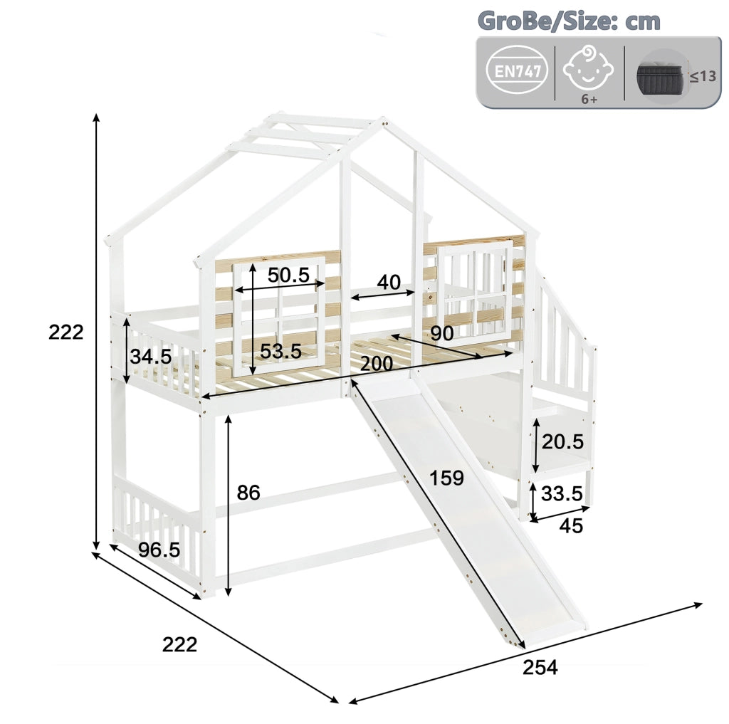 Letto a castello per bambini con scivolo, scala e finestre 90x200 cm