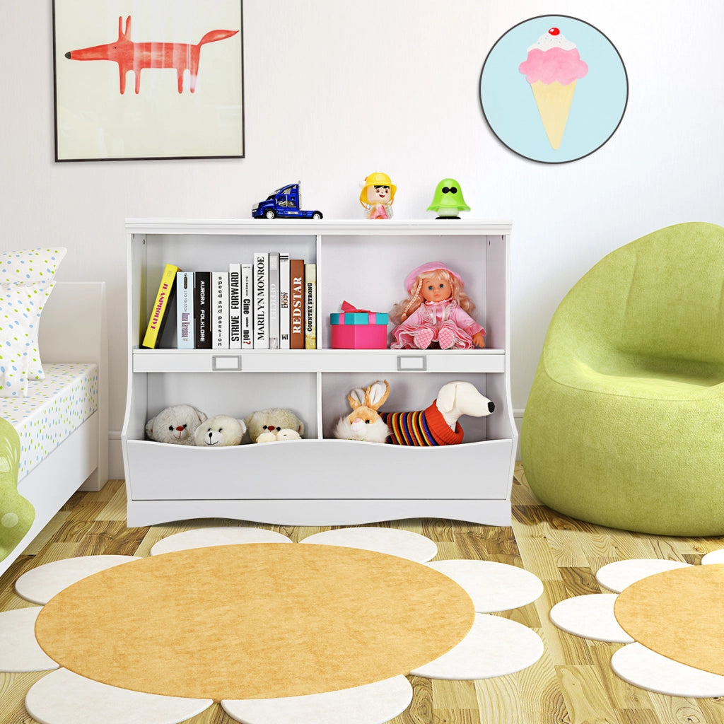 Mobile porta giocattoli con 2 vani e 2 contenitori, Organizer giochi per bambini in legno 105x39,5x83,5cm Bianco