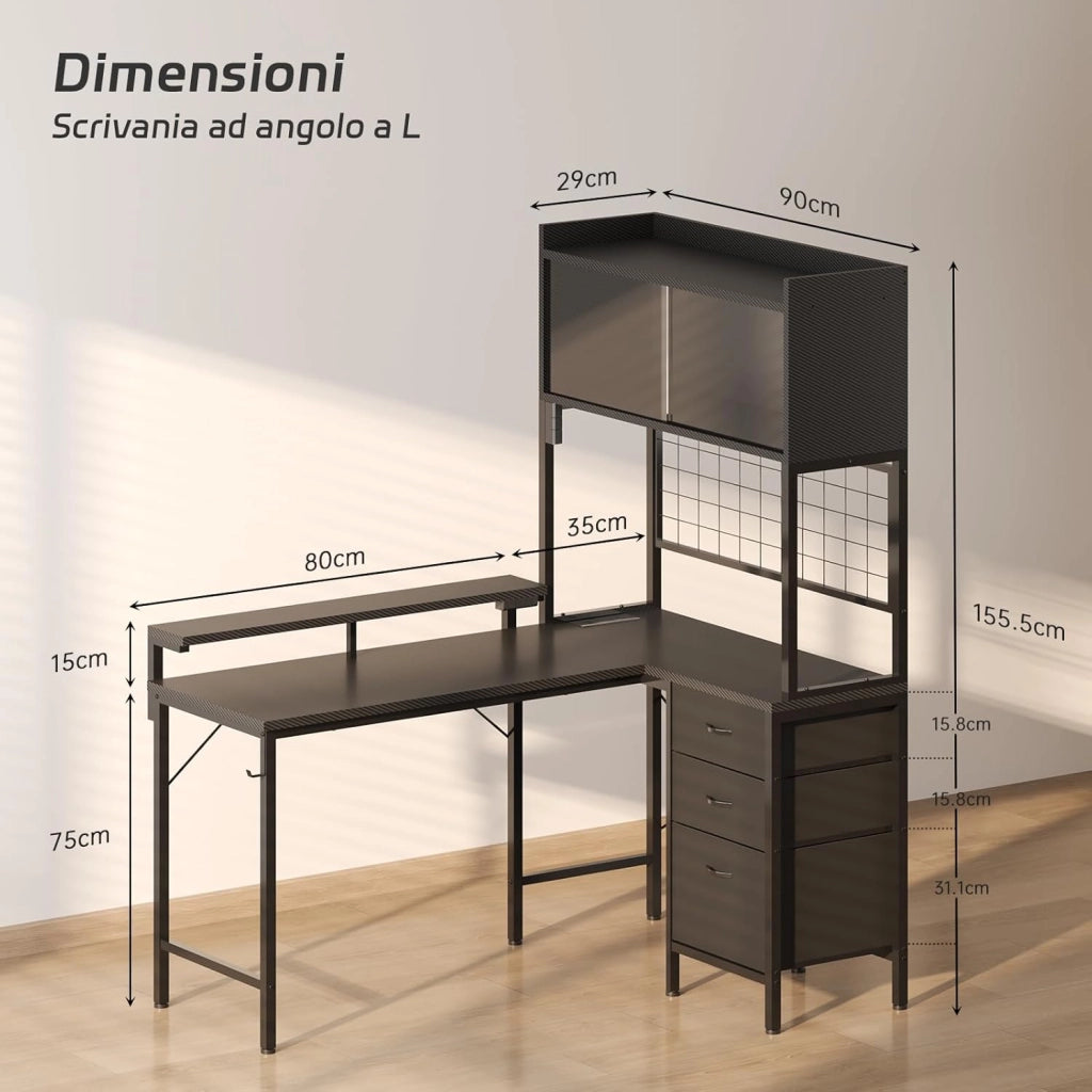 Scrivania Gaming con Luci LED e Presa Elettrica, 115_x_90_cm Scrivania Angolare a L con Mensola, Pannello a Griglia, 3 Cassetti e Supporto Monitor per Giocatori, Nero