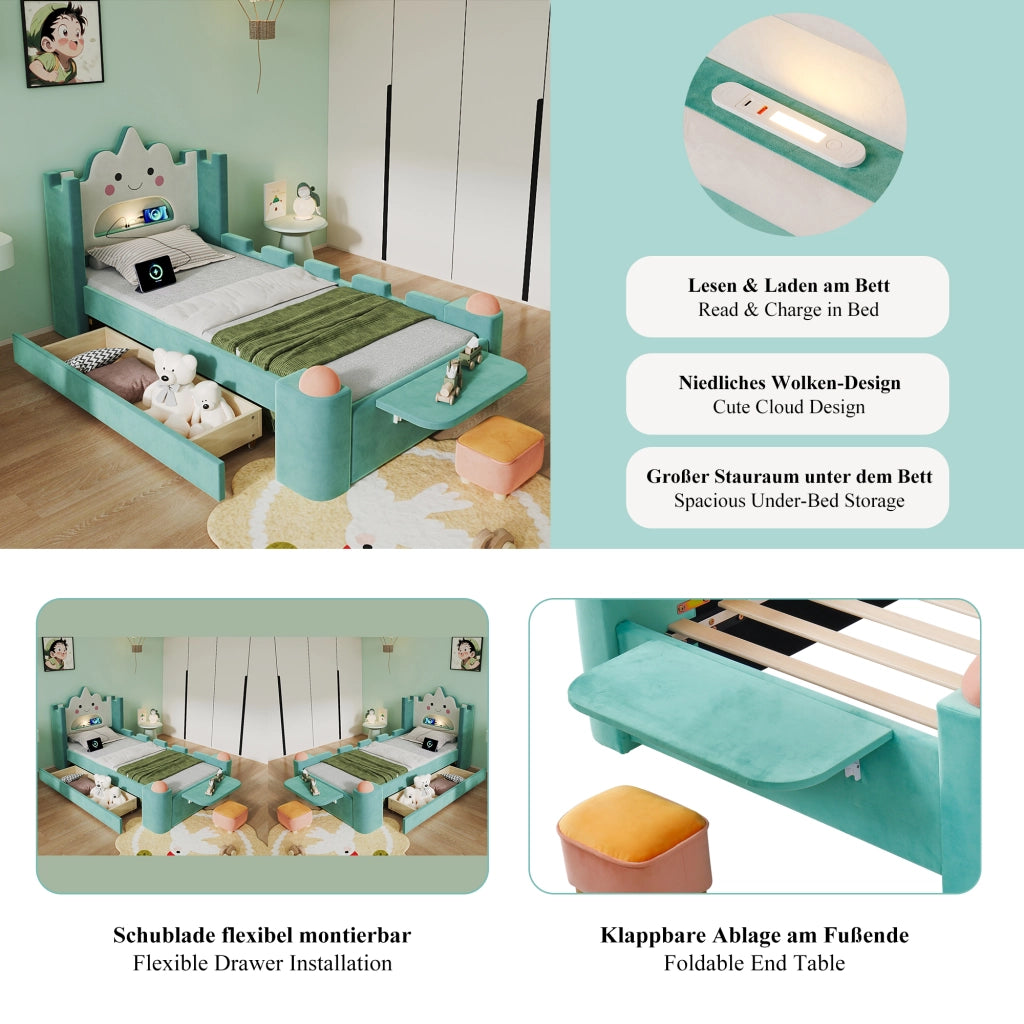 Letto per bambini 90 × 200 cm con lampada da lettura, USB, cassetto contenitore, senza materasso, blu e verde