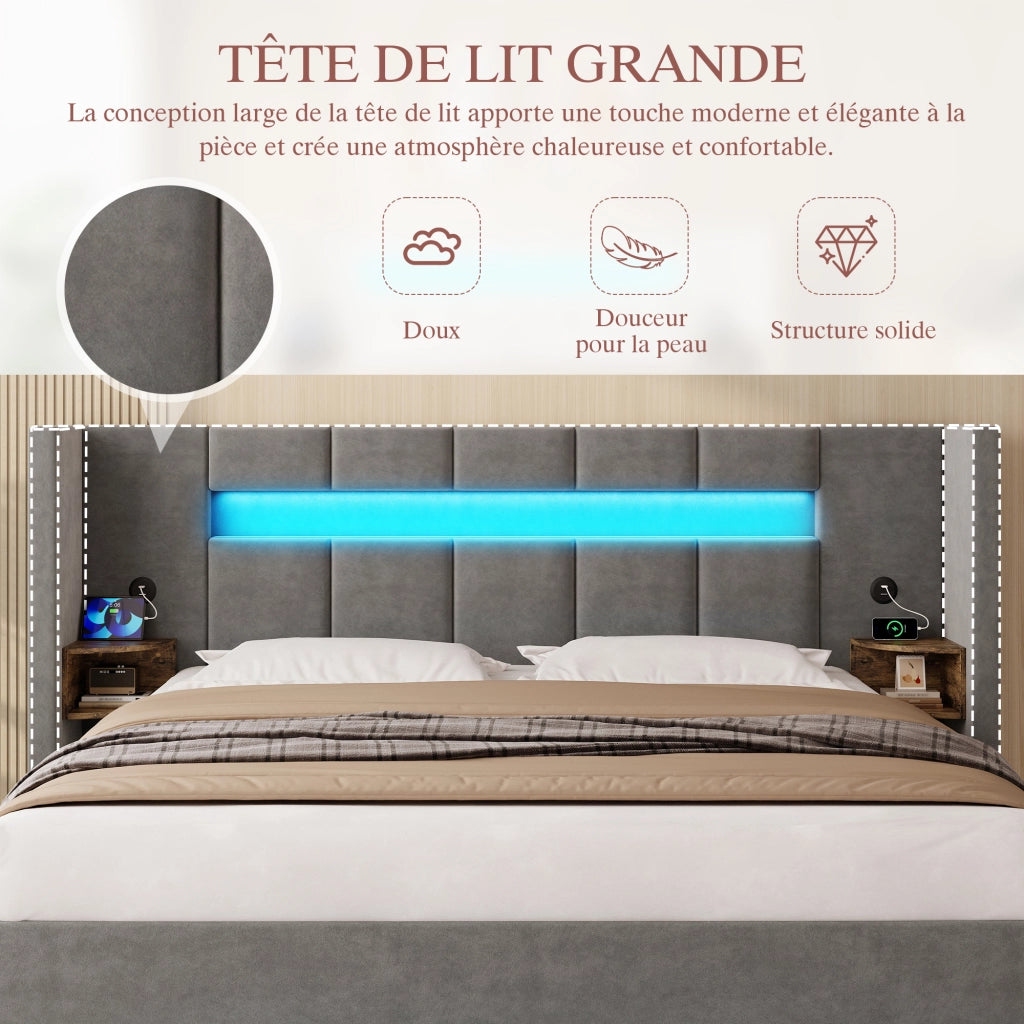Letto Contenitore Letto Matrimoniale 160x200 cm; USB; LED; Velluto Grigio Scuro