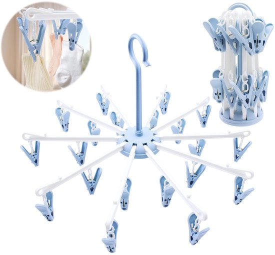 Set da asciugatura 2 pezzi, stendardo da bucato con 40 pinze, asciugatrice rotante pieghevole, carosello per asciugatura piccolo, appoggio per calze, hanger per calze, stendardo per calze e intimo (blu)