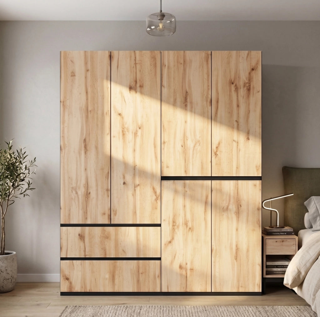 Armadio 6 ante 180x50x200 cm con 5 cassetti e 2 appendiabiti finitura rovere HOMVRA
