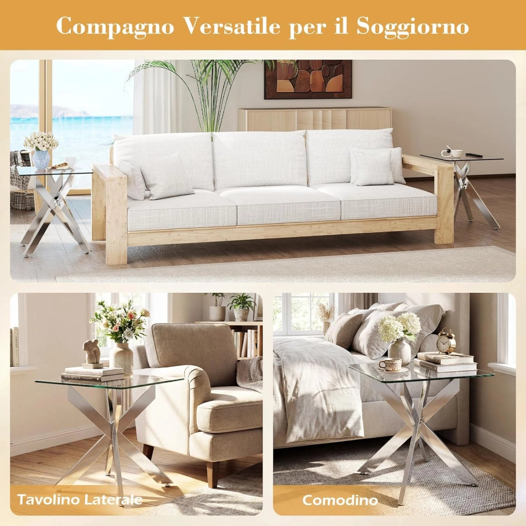 Tavolino Laterale in Vetro, Tavolino Moderno Quadrato con Piano in Vetro Temperato e Base a X in Metallo, Tavolo per Spazi Ristretti, per Soggiorno e Camera da Letto