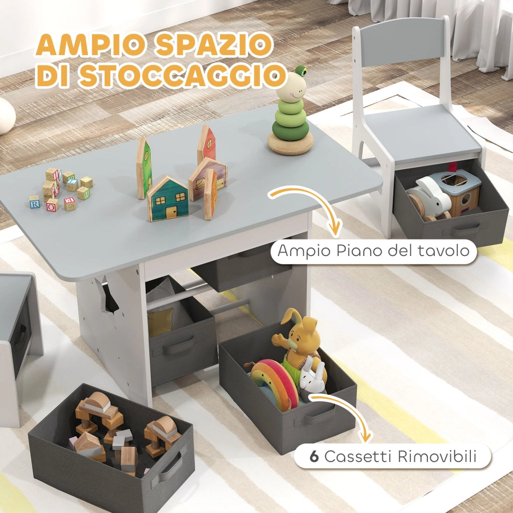 Set Tavolo e Sedie Bambini con 6 Cassetti ¨C zephmum ¨C Legno e Tessuto Grigio Bianco