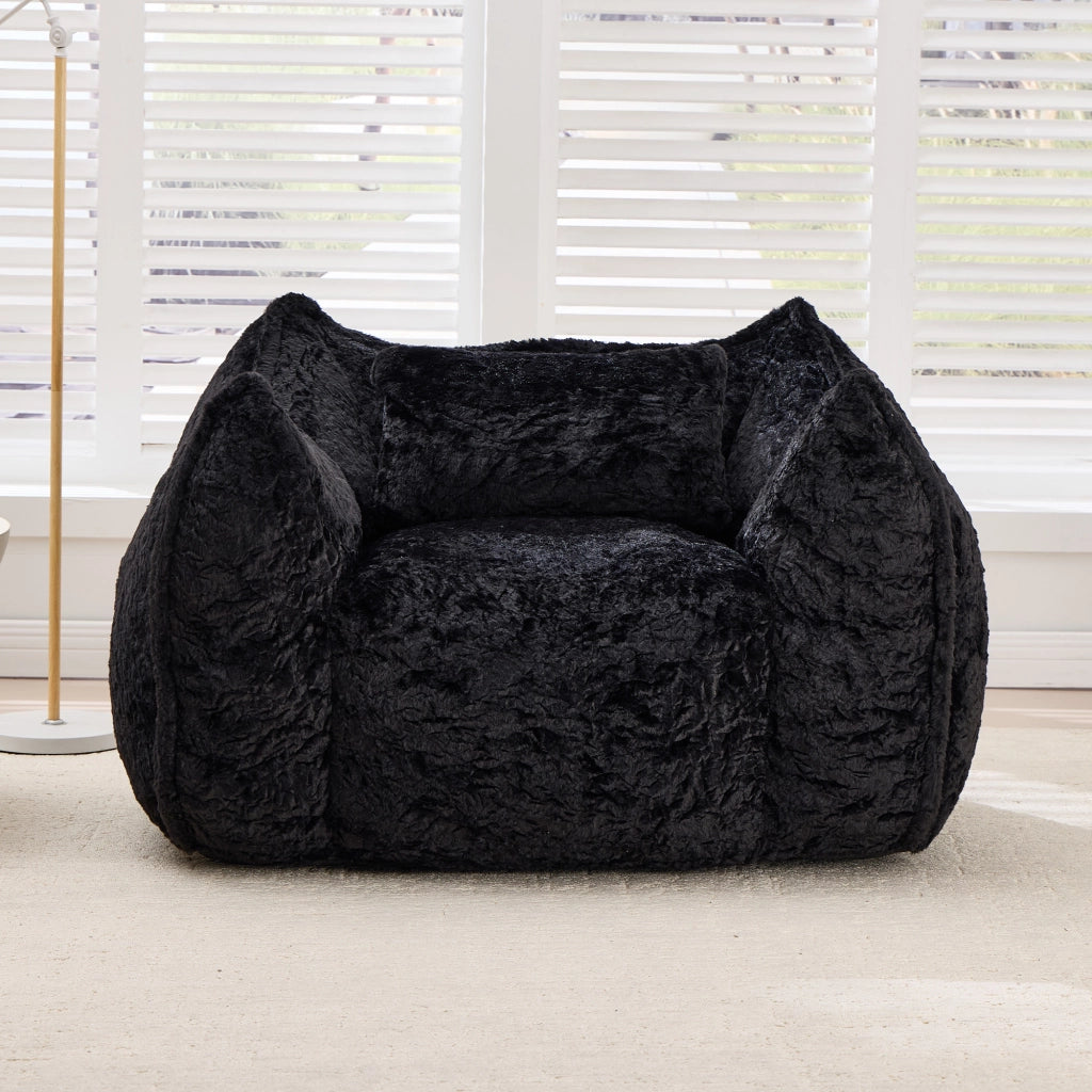 Pouf poltrona in pelliccia sintetica con schienale ergonomico e imbottitura in schiuma senza montaggio nero