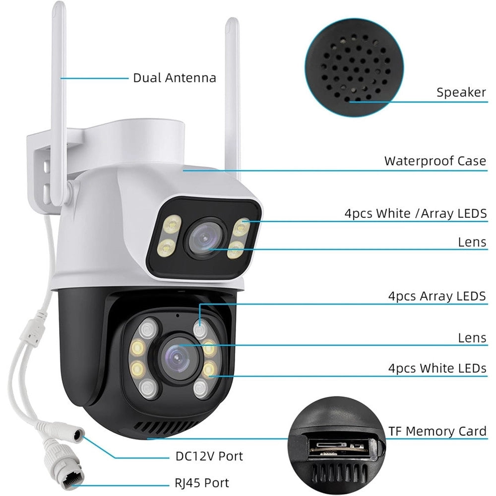 Trade Shop - Telecamera Di Sicurezza Dual Lens Dual Screen Wifi Doppia Camera Impermeabile Sorveglianza -