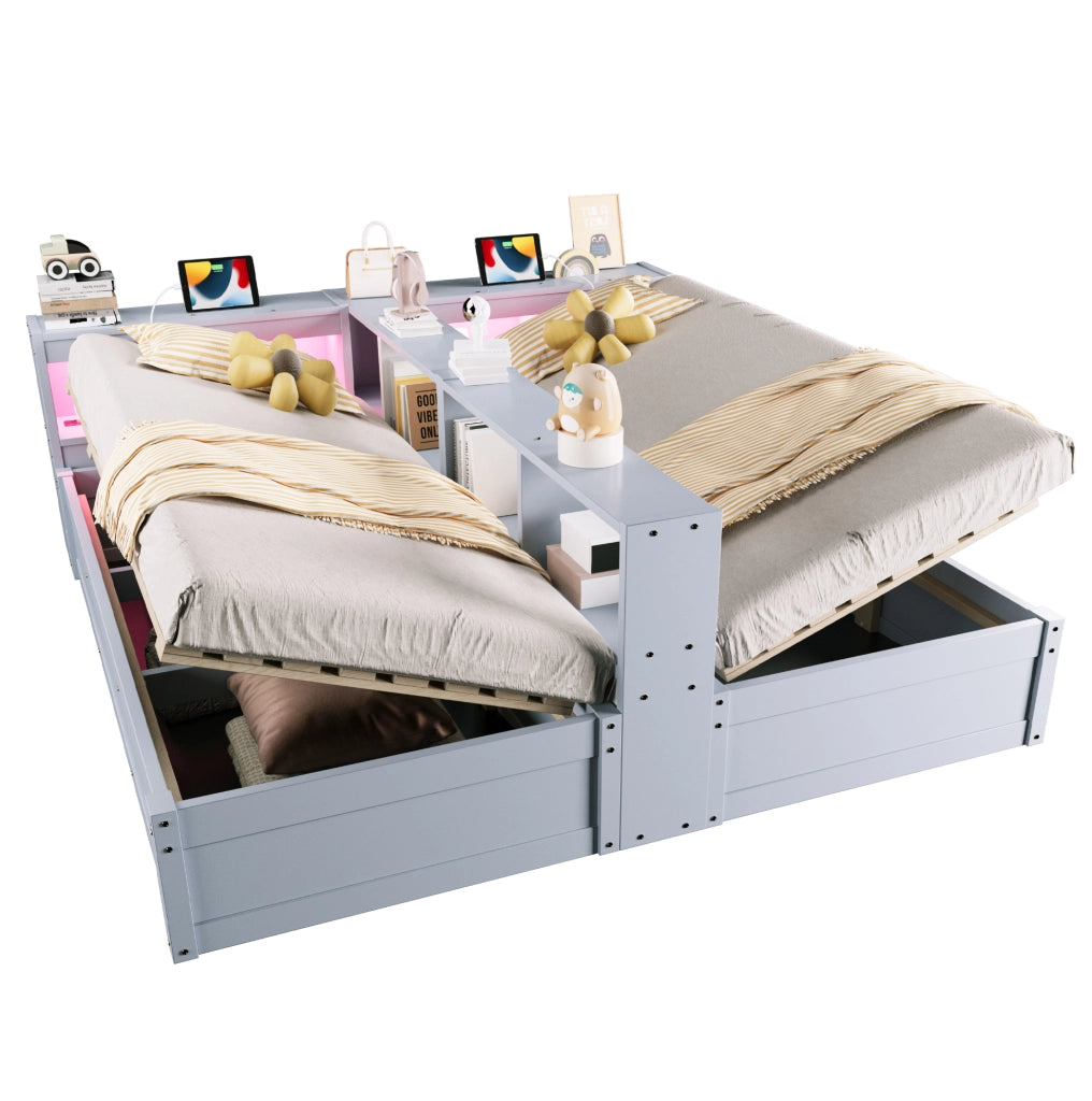 Letto multifunzione 90/180x200 cm grigio con prese integrate; LED e contenitore