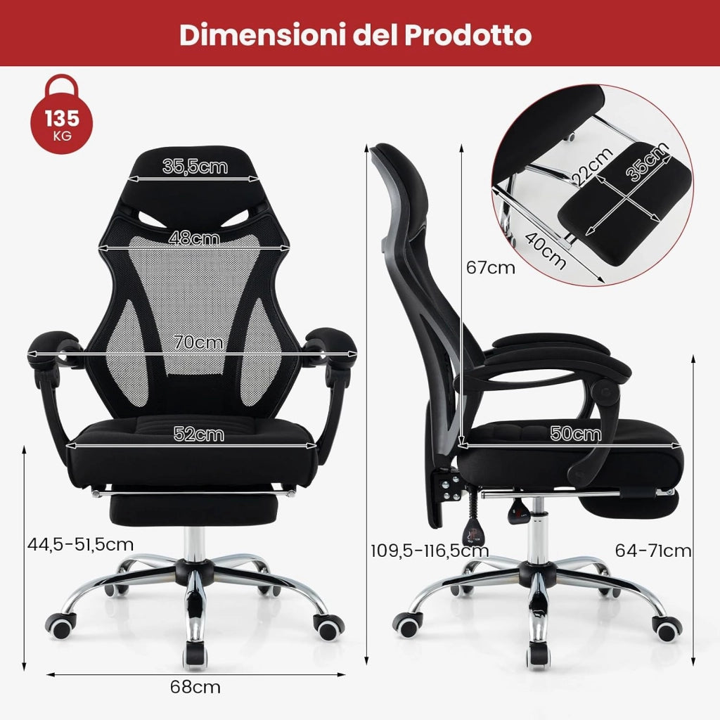 Sedia da Ufficio Ergonomica in Rete con Poggiapiedi, Poggiatesta e Braccioli Confortevoli, Poltrona con Schienale Inclinabile e Altezza Regolabile, Sedia Girevole, Portata 135 kg