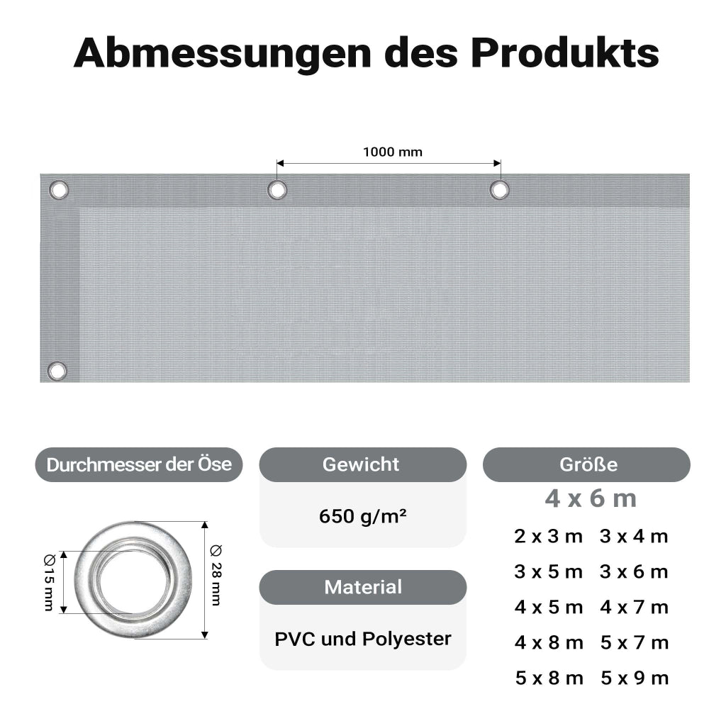 Telone occhiellato grigio 4 x 6 m resistente alle intemperie e a raggi UV, impermeabile, robusto telo di protezione in poliestere 650 g/m² con rivestimento in PVC