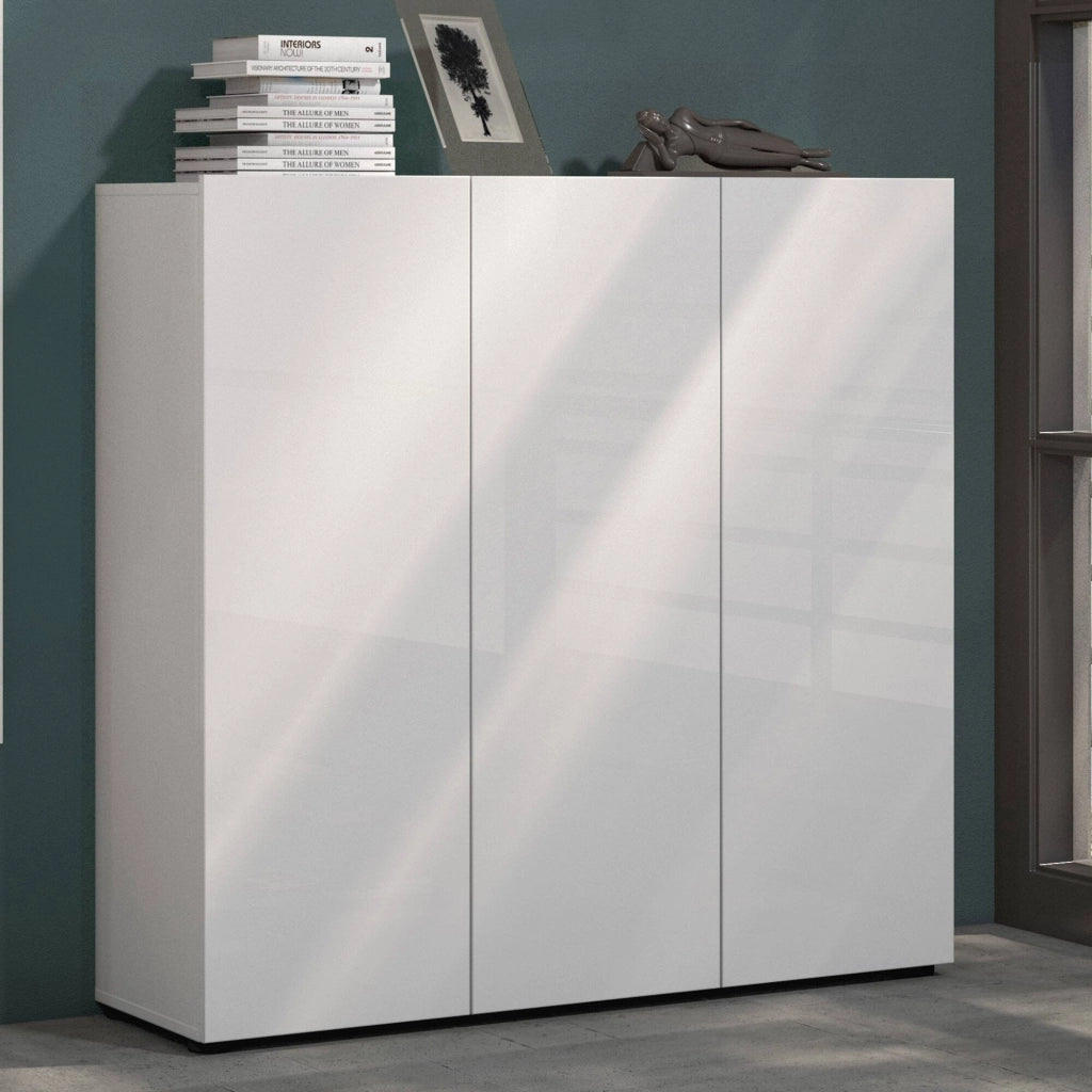 Mobile Portascarpe Alcazar, Scarpiera 24 Paia Made in Italy, 120x34x115h cm Bianco Lucido