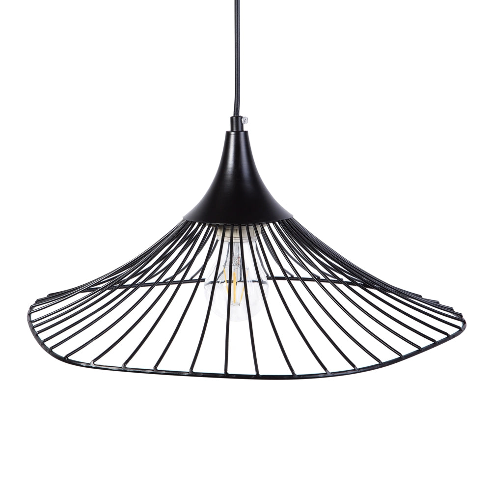 Lampadario in Metallo Nero Paralume a Imbuto con Griglia Cavo Nero
