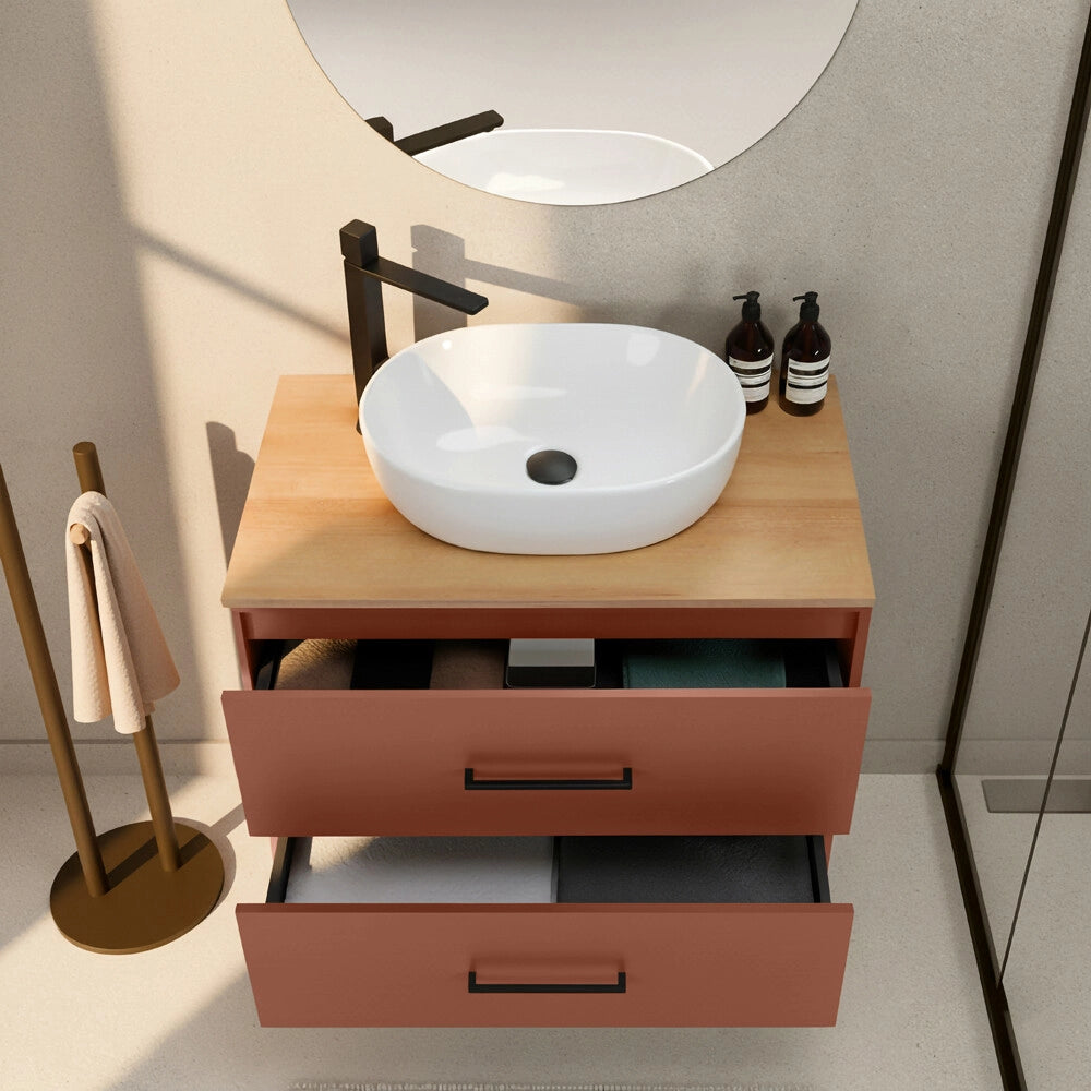 Mobile bagno sospeso 80cm terracotta con due cassetti e specchio Brik