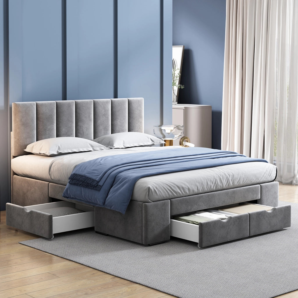 Letto imbottito 140x200 cm in velluto grigio con rete a doghe e 4 cassetti