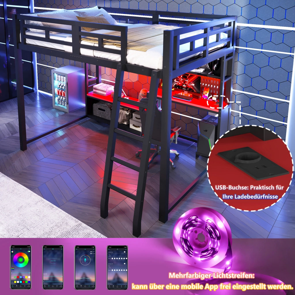 Letto a soppalco 140x200 cm in metallo con scrivania; LED RGB e ripiani neri