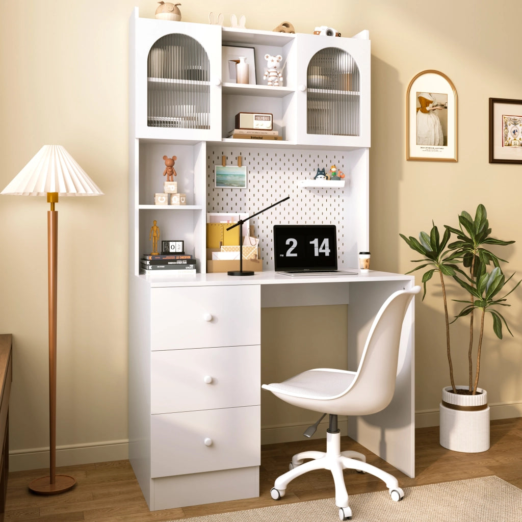 Scrivania con 3 cassetti; 6 vani e bacheca - per studio - in MDF - 100×55×180 cm - bianco