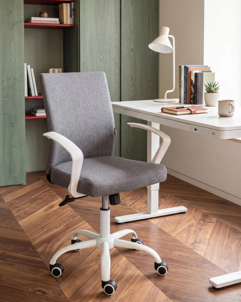 Sedia da ufficio in tessuto grigio scuro con gambe in ferro, altezza e schienale regolabili girevole per ufficio domestico
