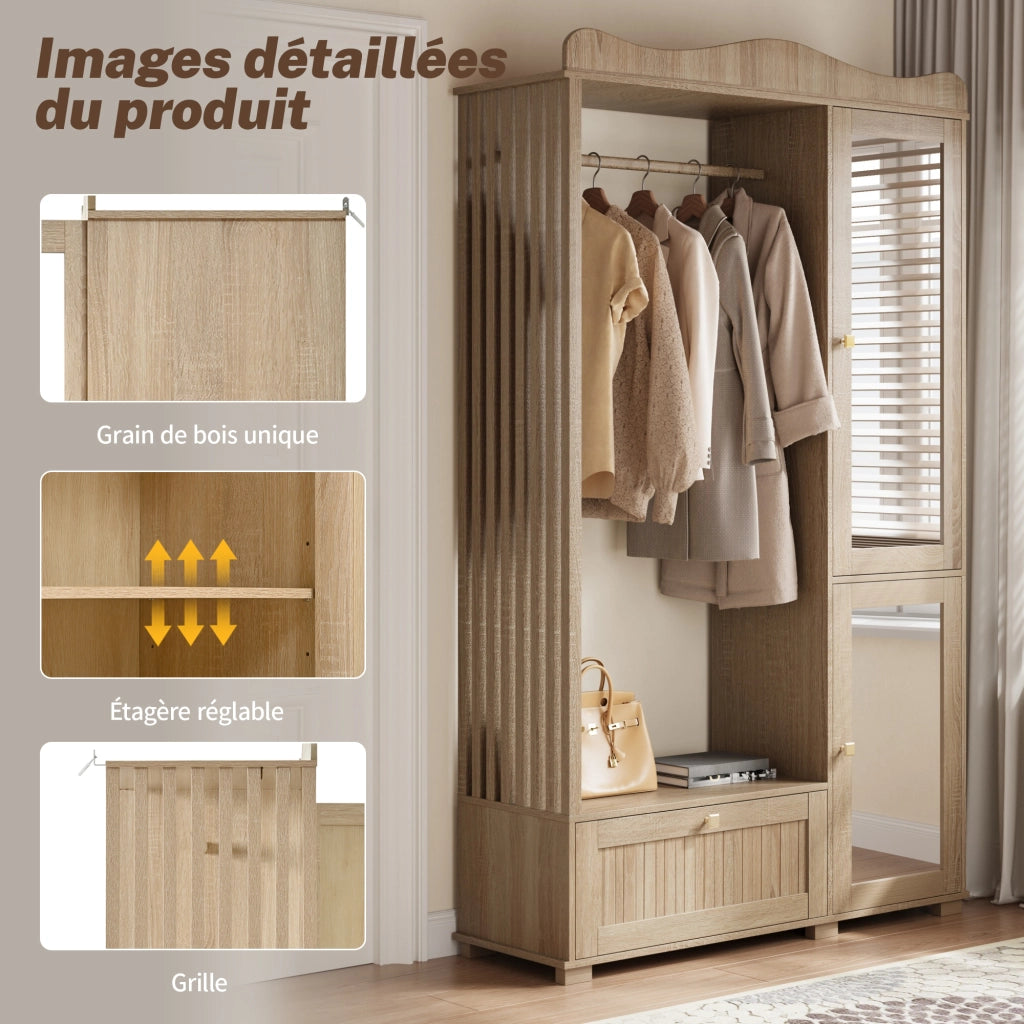 Armadio con 2 Ante e 1 Cassetto; Anta a Specchio e Barra Appendiabiti Aperta; Stile Moderno; in MDF; 115;5??38;5??194;5 cm; Rovere