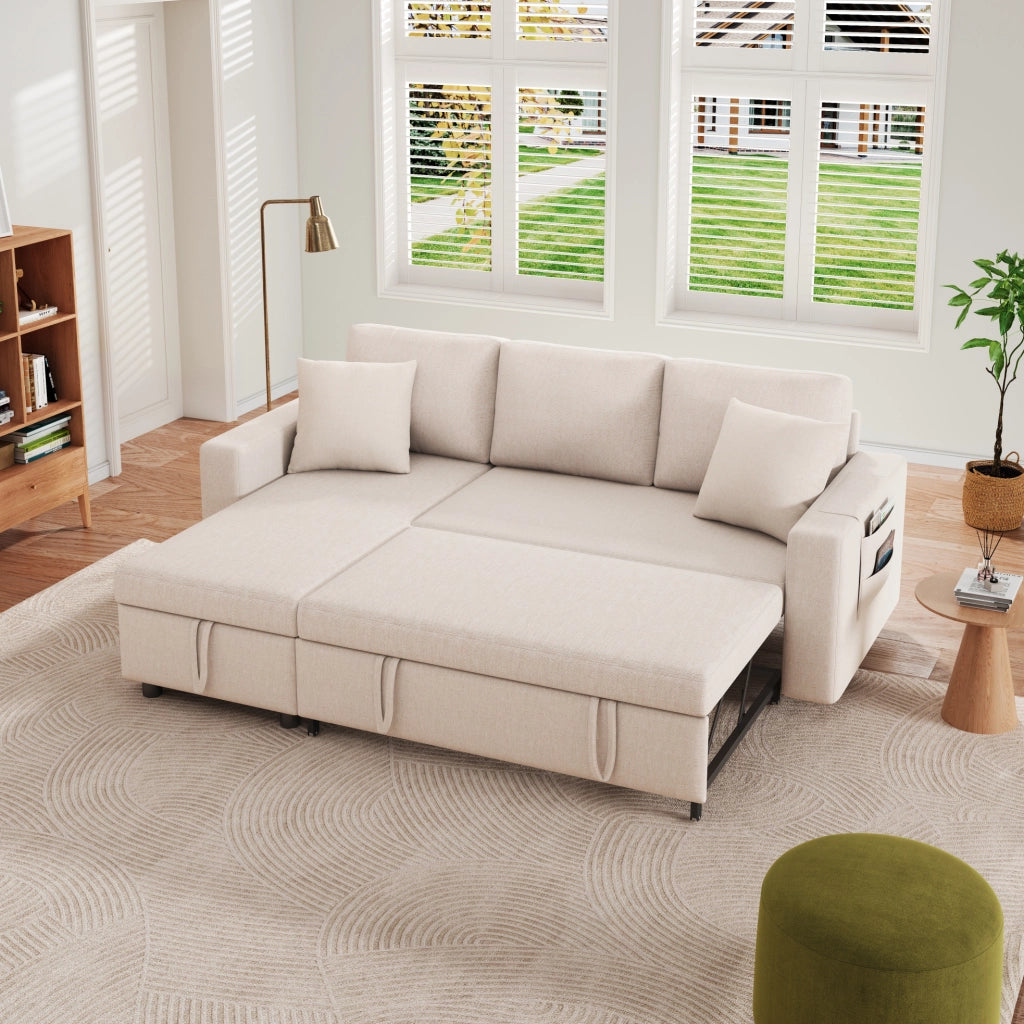 Divano letto angolare con chaise longue reversibile; contenitore e 2 cuscini; beige; 219;5 x 142;5 x 83 cm