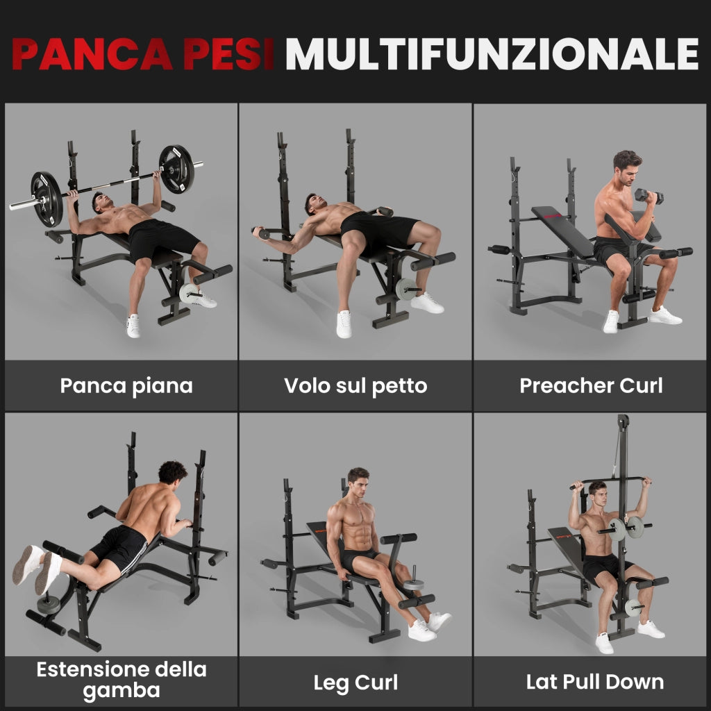 Panca Palestra Multifunzione Regolabile con Rack Bilanciere con Leg Extension, Low Row, Arm Curl, Nero