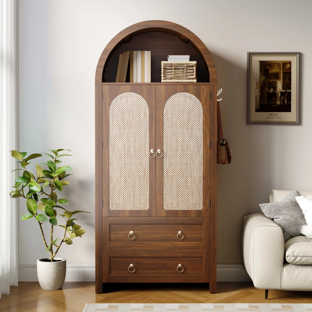 Credenza con 2 Cassetti e Ante in Rattan; Ripiani Regolabili; Stile Vintage; in MDF; 80??40??180 cm; Noce