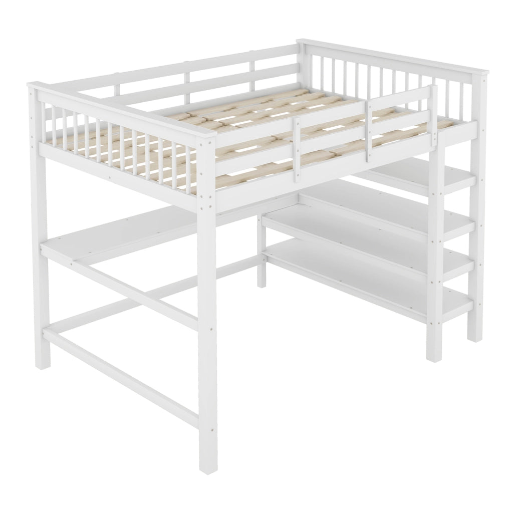 Letto a soppalco 140x200 cm con scrivania e scaffali; in pino e MDF
