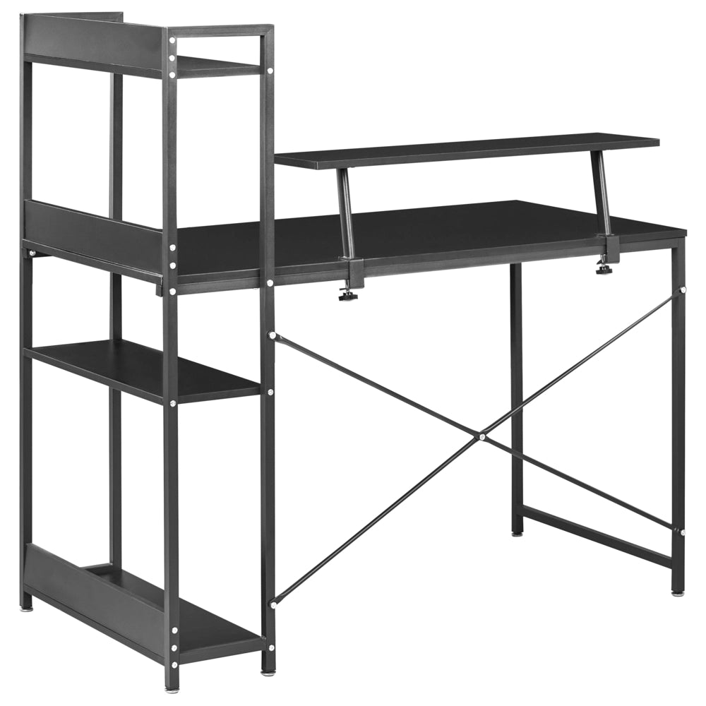 Scrivania da ufficio per casa Piano in MDF nero Struttura con gambe in ferro verniciato a polvere 5 ripiani Supporto per monitor Moderno