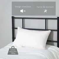 Struttura Letto Singolo in Acciaio 90x200cm con Doghe, Testiera e Pediera, Nero
