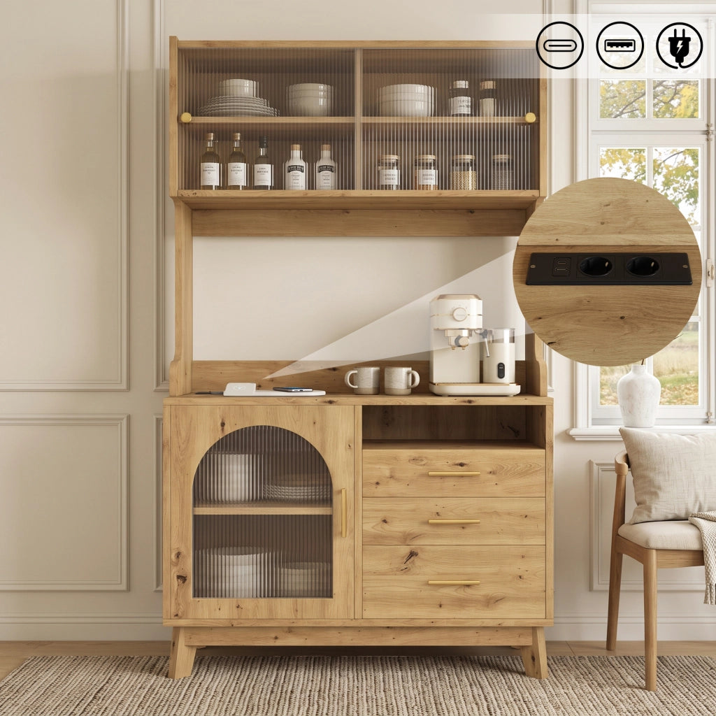 Credenza alta con prese e porte USB, frontale in acrilico a onde, per cucina, in truciolare, legno, 100,5 × 40 × 178 cm