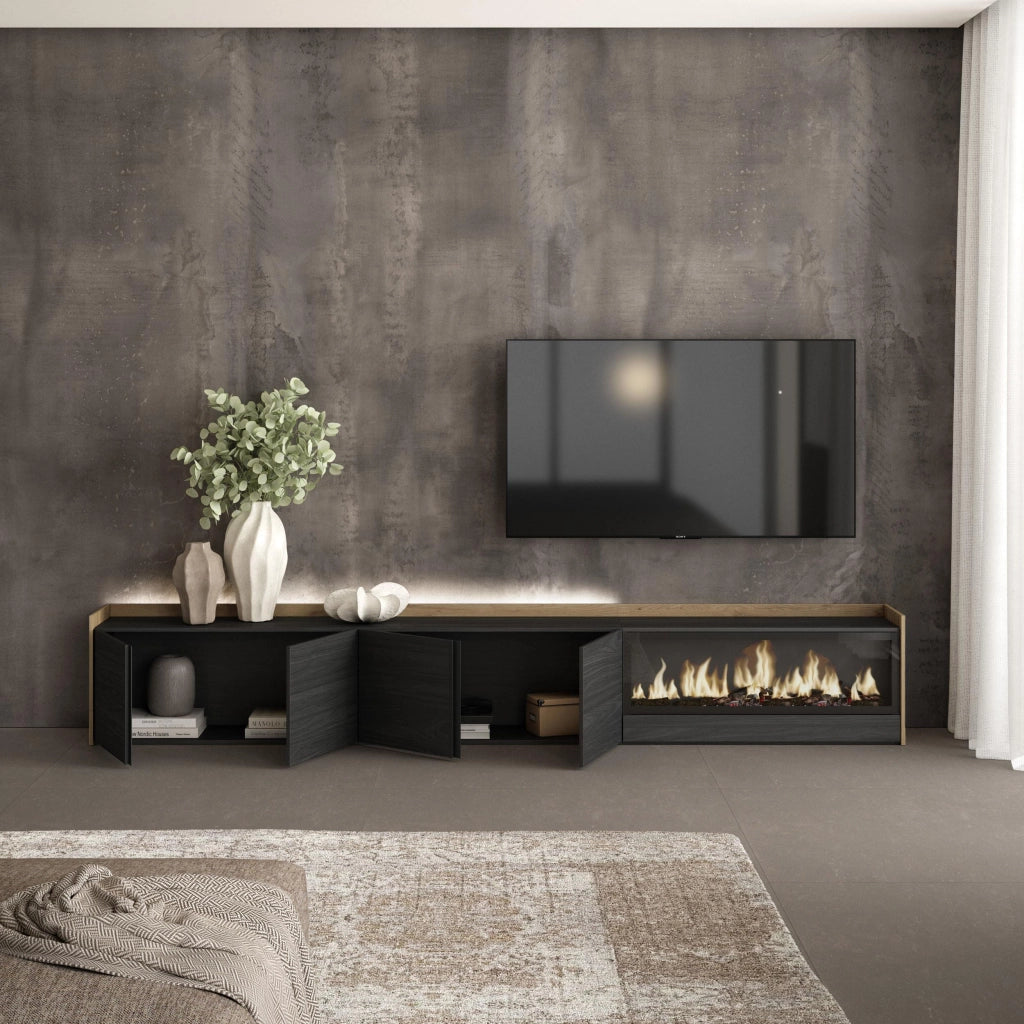 Mobile TV Soggiorno, 315x50x35 cm, Per TV fino a 80", Camino elettrico XXL, LED, Nero e rovere