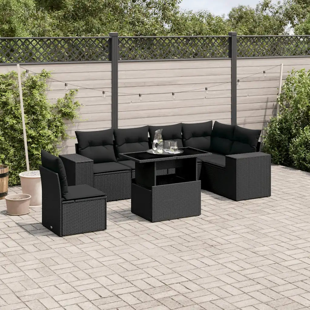 Set Divani da Giardino con Cuscini 7pz Nero Polyrattan