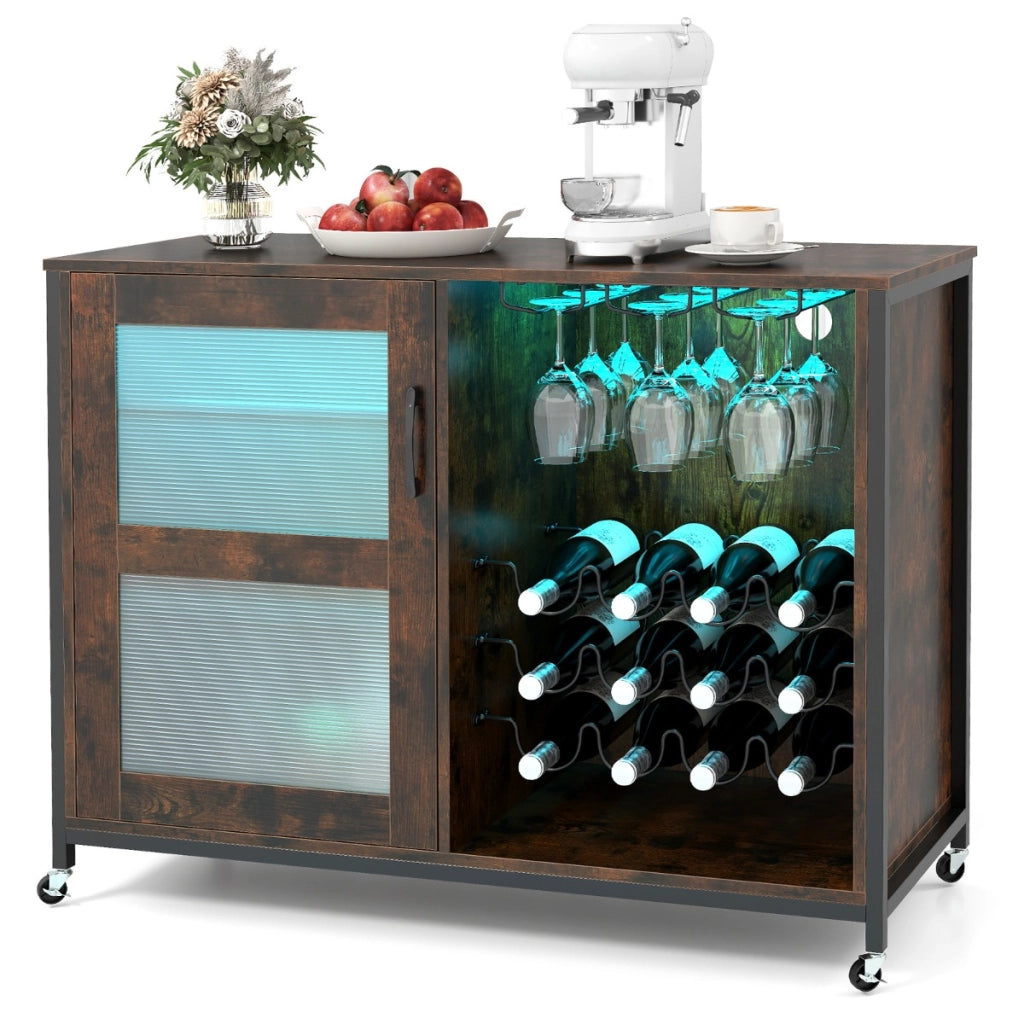 Mobile bar per vino con luce led credenza buffet con ripiani regolabili, Mobile bar per vino supporti per bicchieri Marrone
