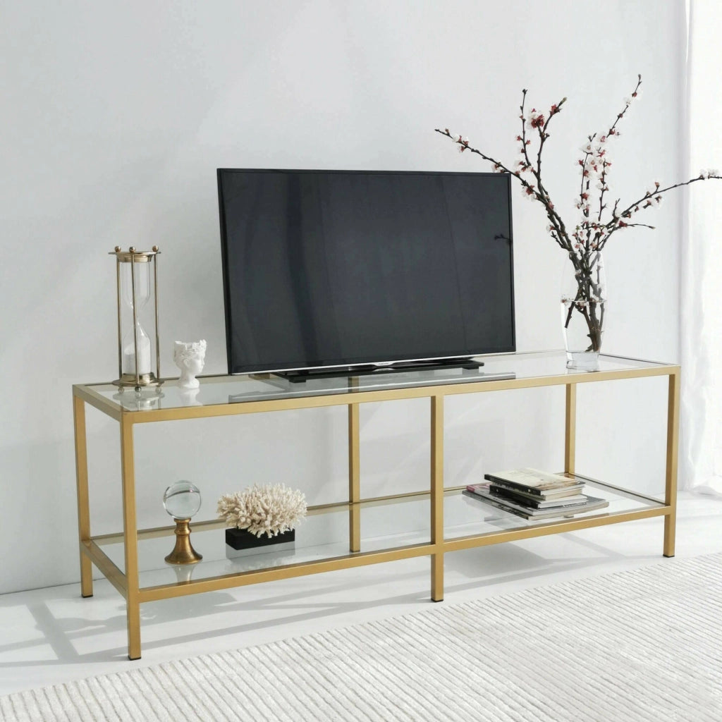 Mobile porta TV Donata, Credenza da soggiorno, Armadio basso per TV, Base parete attrezzata, 130x40h45 cm, Oro