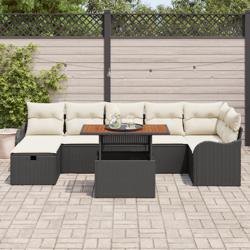 Set divano da giardino 8 pezzi con cuscini in polyrattan nero