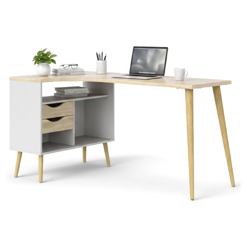 Scrivania Katherine, Scrittoio multiuso, Tavolo per ufficio porta PC, Piano di lavoro, 145x81 h76 cm, Bianco e Quercia