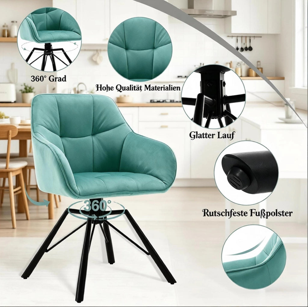 Set 2 sedie da pranzo girevoli 360° in velluto turchese