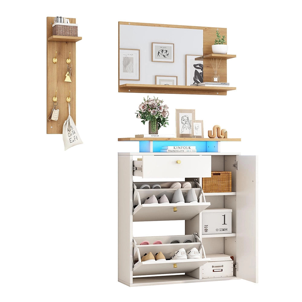 Set ingresso 3 pezzi - Xylo - Specchio, porta cappelli, armadio scarpe - LED, 4 ganci - Naturale o bianco - 105x25x151,5 cm