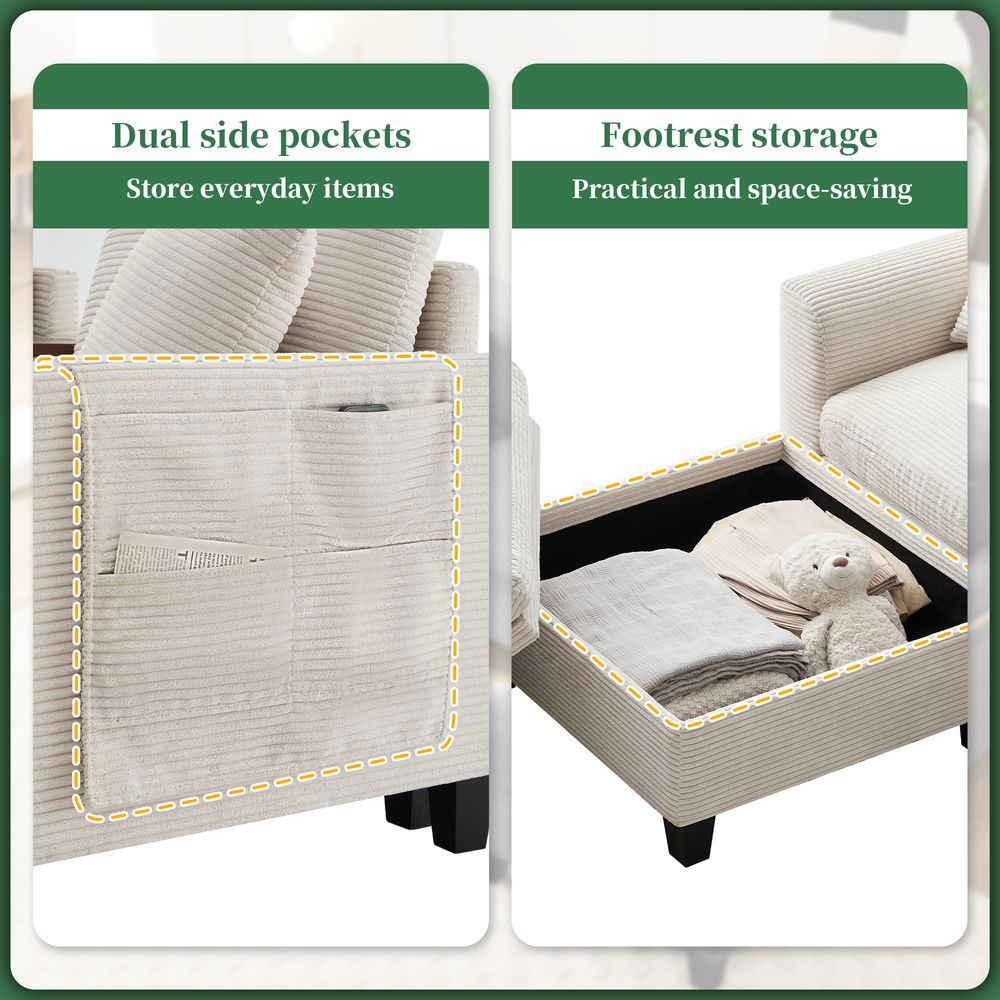 Divano angolare a L - Xylo - Velluto, console con USB, ripostiglio, beige