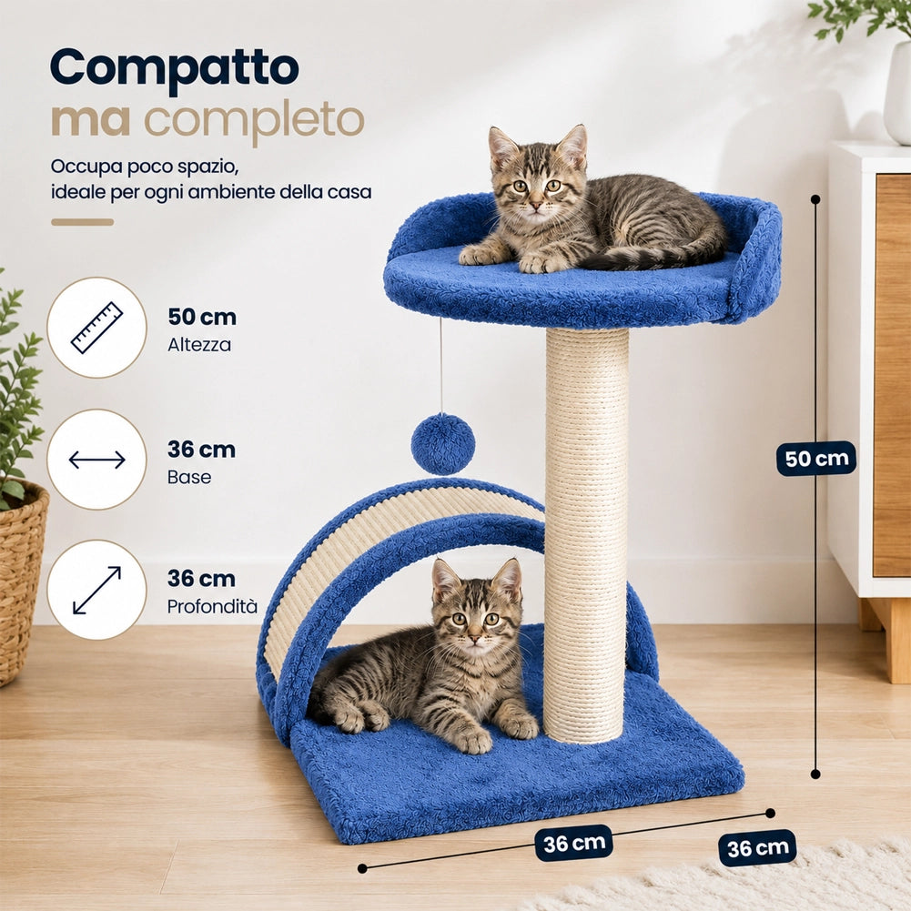 Tiragraffi Per Gatti Blu Con Gioco Pallina Palo 50cm Topolino Tunnel Soffice