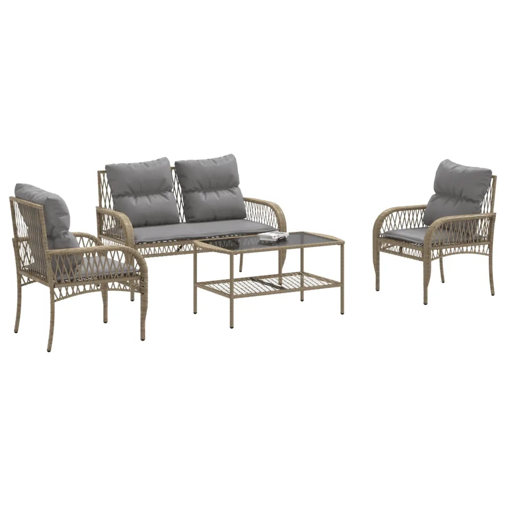 Set Divano da Giardino 4 pz | Set Salotto da Giardino con Cuscini Beige in Polyrattan