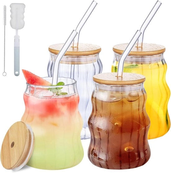 Set di 4 bicchieri da drink con manici e coperchi - 530ml - bicchieri per caffè freddo Wave Tumbler - entrambi i bicchieri da birra - bicchieri per succo - cocktail - latte - acqua - bibite gassate - caffè freddo