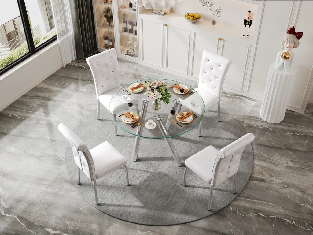 Set da pranzo con tavolo in vetro temperato e 4 sedie imbottite facile da pulire stabile metallo e pvc bianco
