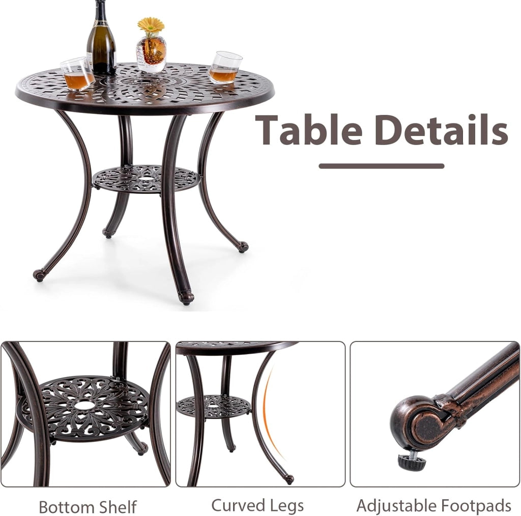Tavolo da giardino rotondo con foro per ombrellone, tavolo da balcone con ripiano inferiore e piedini regolabili, tavolo da bistrot con alluminio pressofuso, tavolo da pranzo per balcone