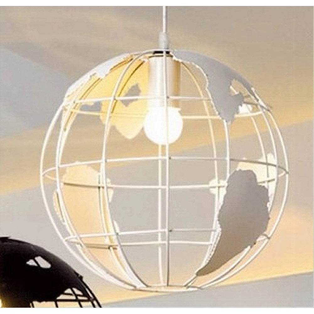 Trade Shop - Lampadario A Sospensione Mappamondo E27 In Metallo Bianco Sfera Globo Sospeso 33931 -