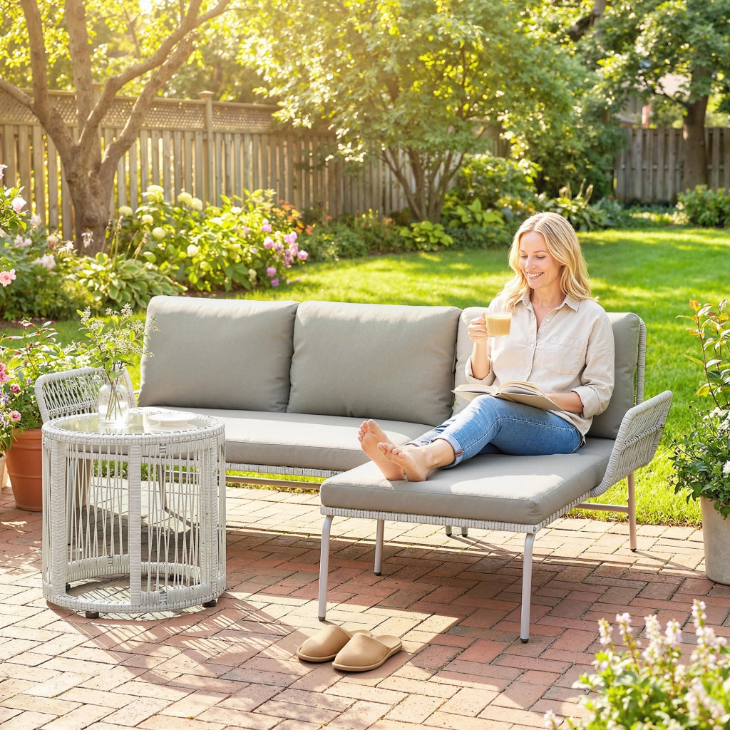 Set salotto da giardino 3 pezzi ¨C zephmum ¨C polyrattan grigio con cuscini e tavolino vetro