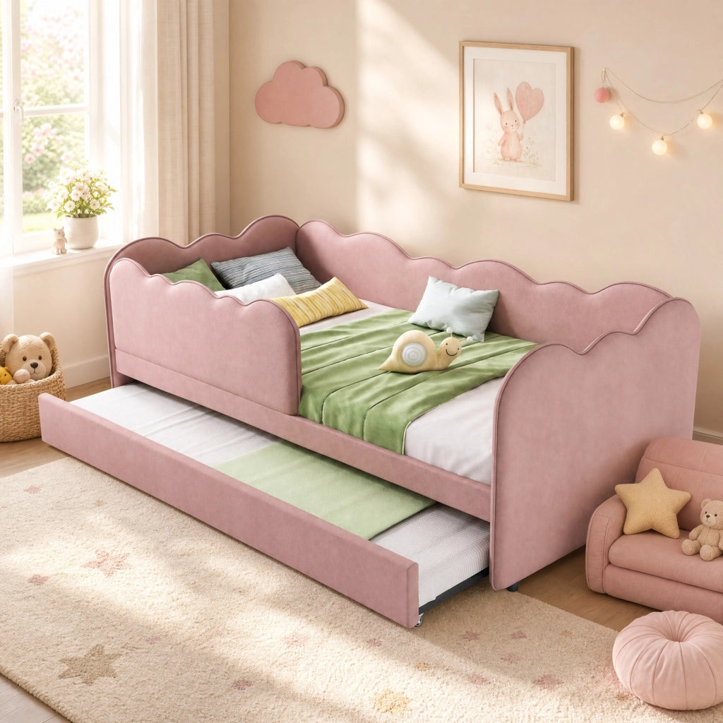 Letto daybed imbottito 90x190 cm con letto estraibile, rete inclusa, velluto rosa